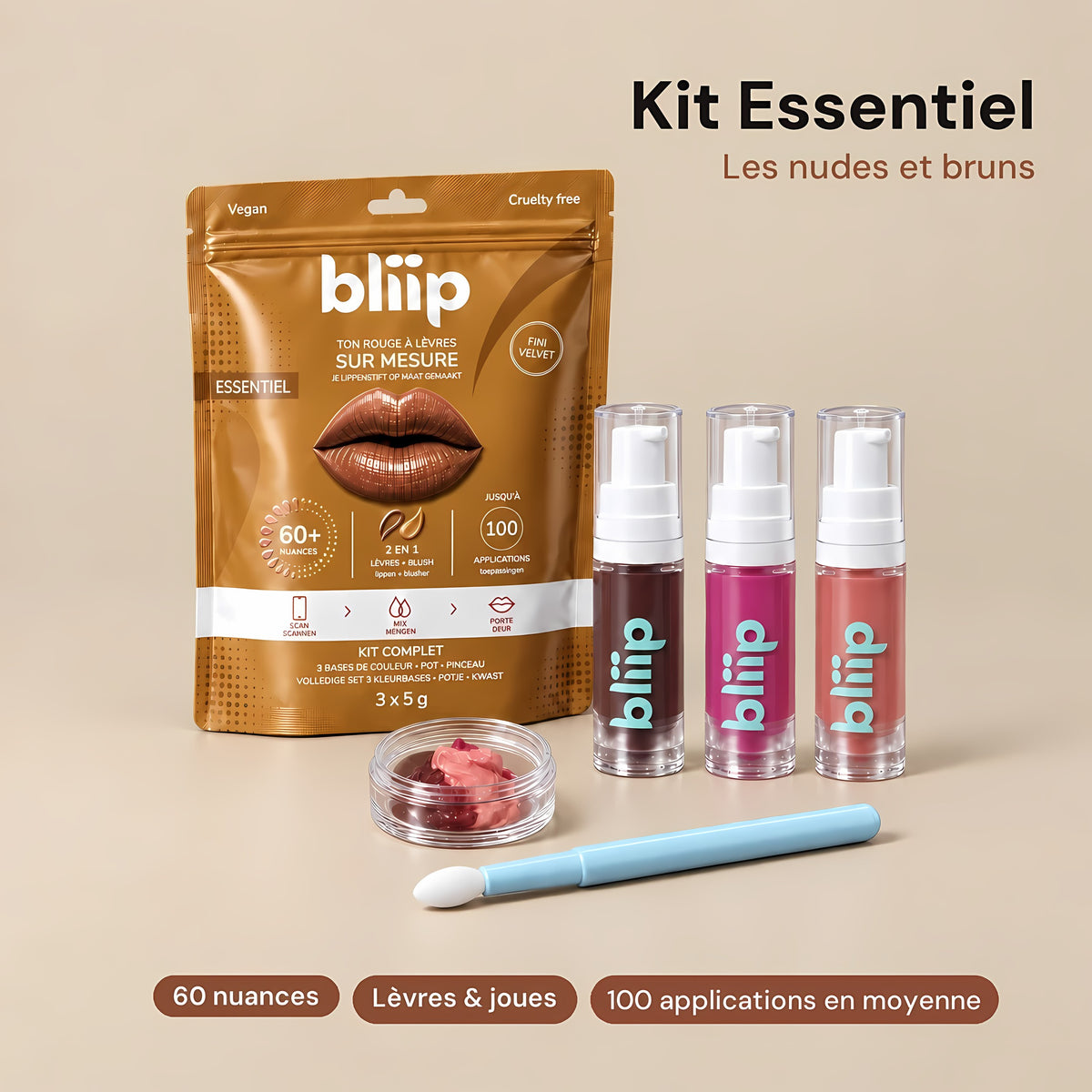 Kit Bliip Essentiel : pochette, 3 bases nude et brun, pot et pinceau