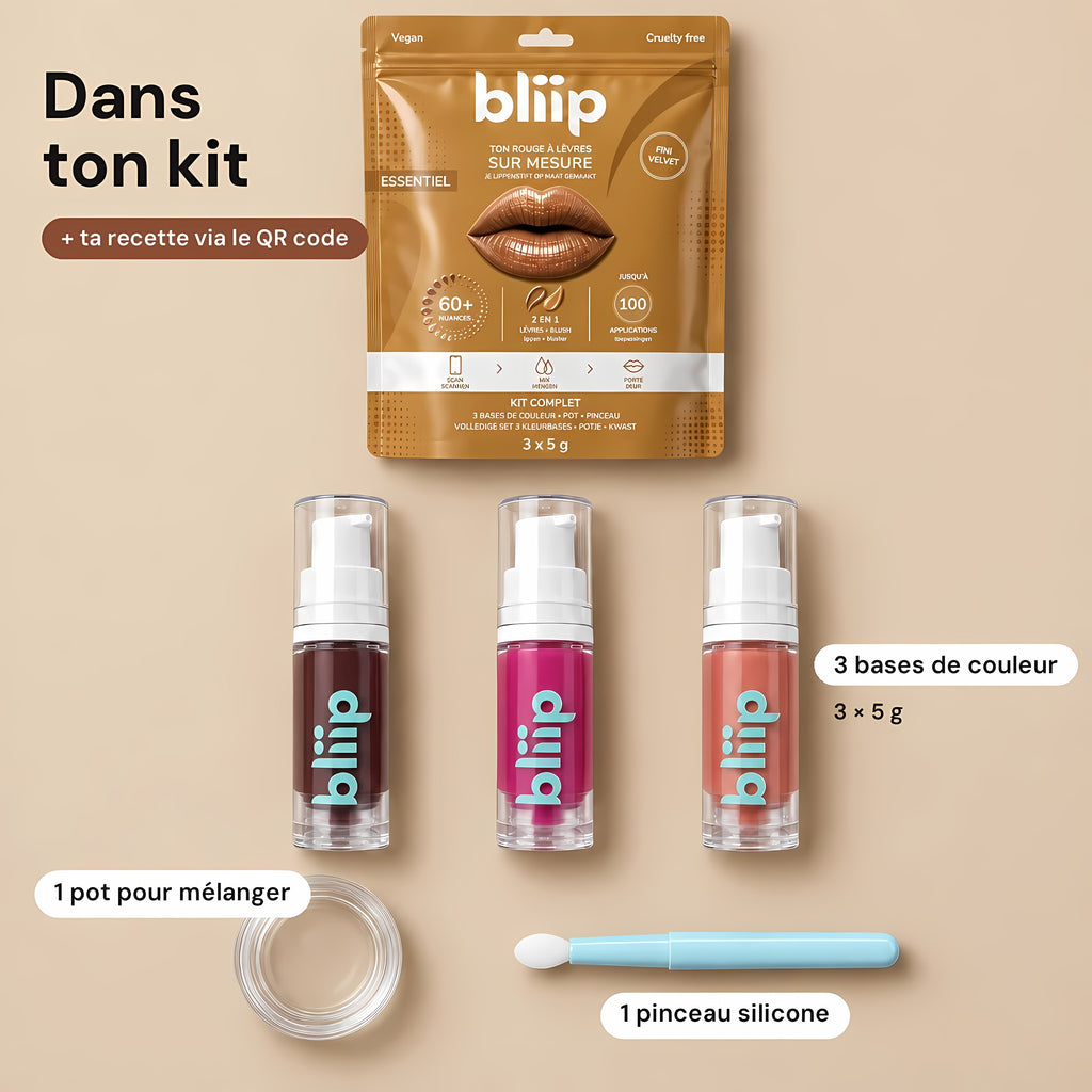 Contenu du kit Bliip Essentiel : 3 bases de 5 g, 1 pot, 1 pinceau silicone