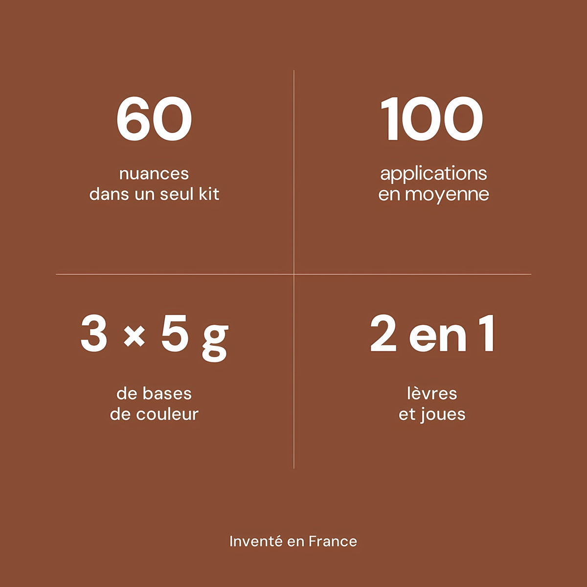60 nuances, jusqu'à 100 applications, 3 x 5 g, 2 en 1 lèvres et joues