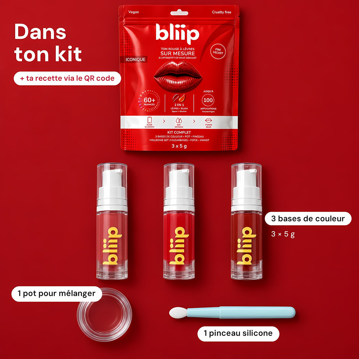Contenu du kit : 3 bases de 5 g, 1 pot, 1 pinceau silicone