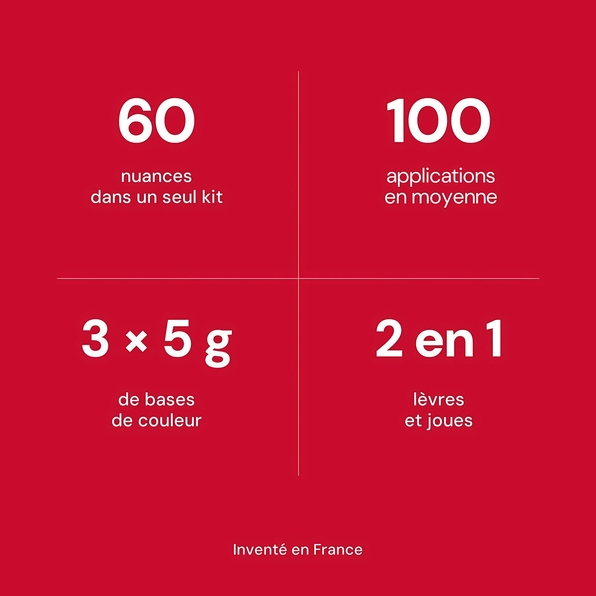 60 nuances, jusqu'à 100 applications, 3 x 5 g, 2 en 1 lèvres et joues