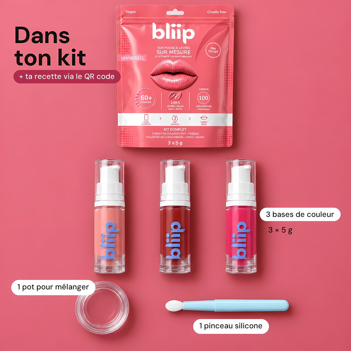 Contenu du kit : 3 bases de 5 g, 1 pot, 1 pinceau silicone