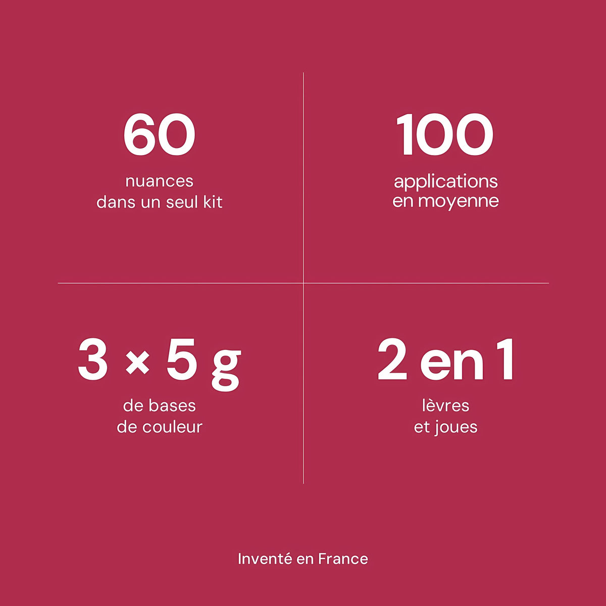 60 nuances, 100 applications en moyenne, 3 x 5 g, 2 en 1