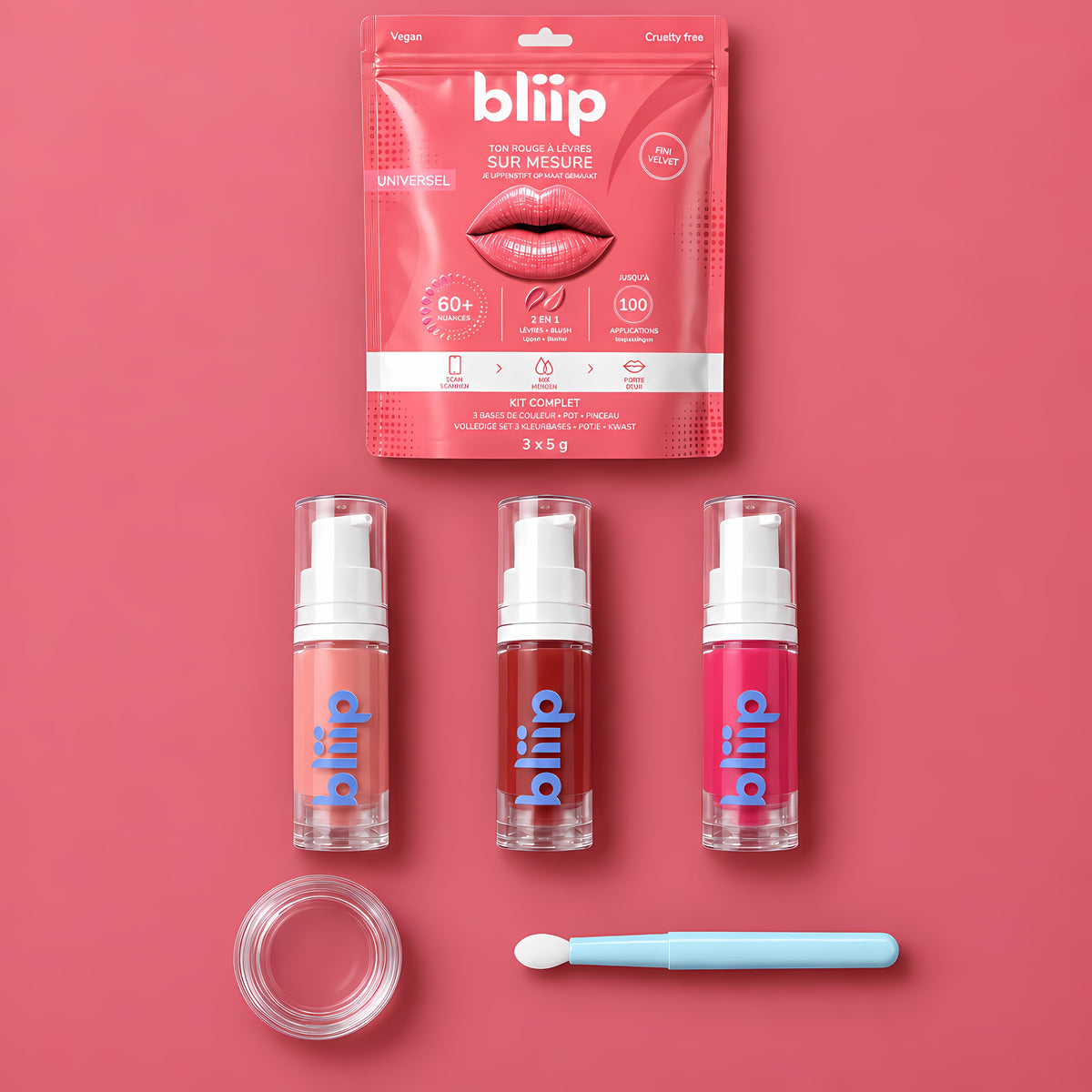 Contenu du kit Bliip Universel : pochette, 3 bases, pot et pinceau Image