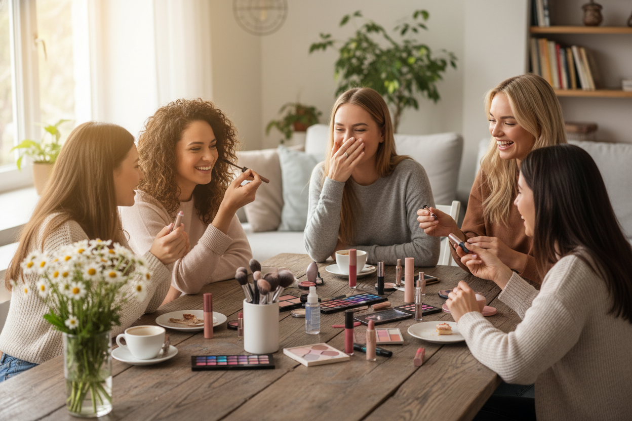 des amies de la vingtaine d'age, reunin autour d une table decontract avec du maquillage type apres midi entre fille 
